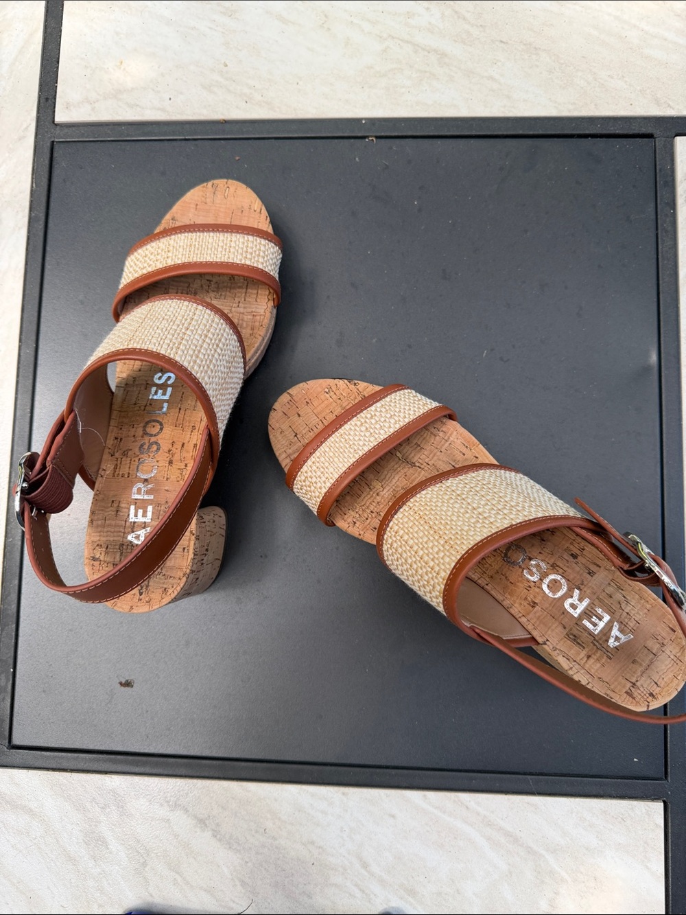 AEROSOLES Tan and Natural Woven Cork Strap Sandals